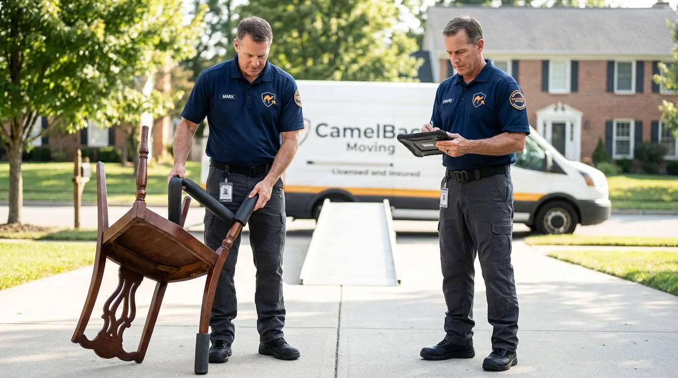 Movers inspecting furniture for damage prevention before loading in Davidsville, PA