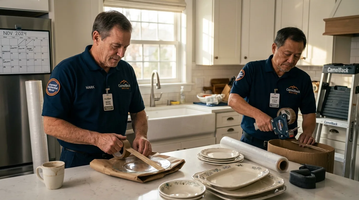 Professional crew packing kitchen dishware in Davidsville, PA
